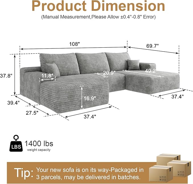 108" Sectional Couches for Living Room Modern Modular Sofa with L-Shape Couchs Upholstered Boneless Couch Deep Seat Sectional Couch with Chaise (Grey, Right Facing Chaise+2Seaters+1Ottoman)