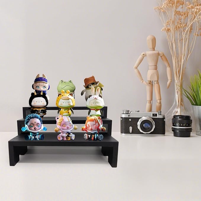 Display Wood Risers Wooden Stand 3 Tier Black Wood Racks Decorative Rectangular, 2 Set 6 Piece Cupcake Stands Cologne Perfume Organizer Dessert Showcase(Black)