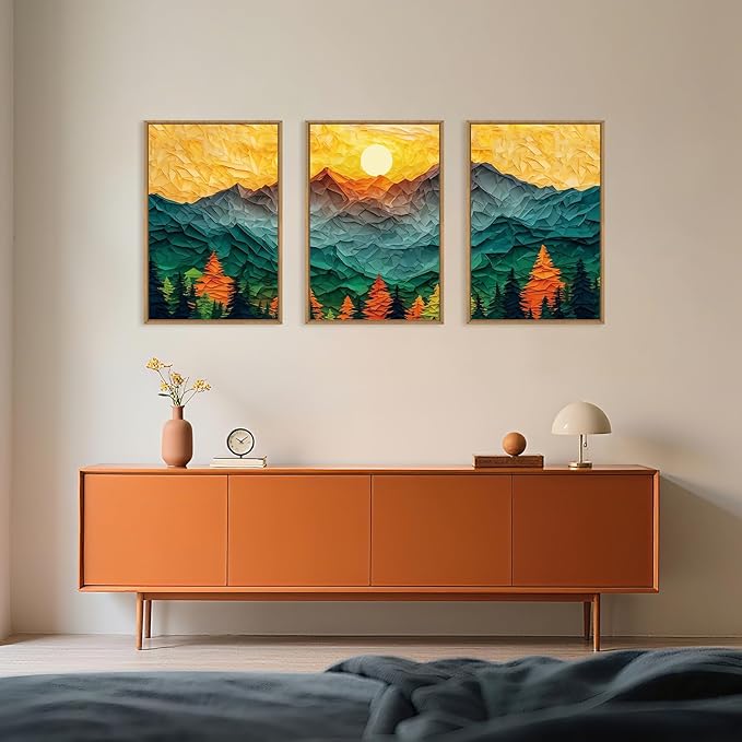 Celestdeco Abstract Mountain Framed Canvas Wall Art Set, Forest Pine Tree Golden Sunset Wall Decor, Mixed Patchwork Landscape Art Print for Living Room, Bedroom, Dining Room, Office - 24"x36"x3