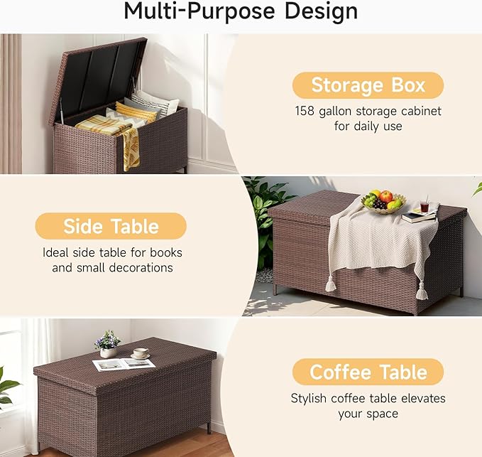 158 Gallon XL Deck Box with Lid, All Weather Wicker Outdoor Storage Box Waterproof, Large Outdoor Patio Storage Bin for Cushions, Garden Tools, Gears, Pool Accessories, Brown