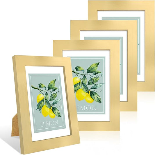 4x6 Picture Frame Set of 4, 4 x 6 Wood Photo Frames with Mat for 3.5x5, Wooden Frame with Real Glass Cover for Wall and Tabletop Display,Gold