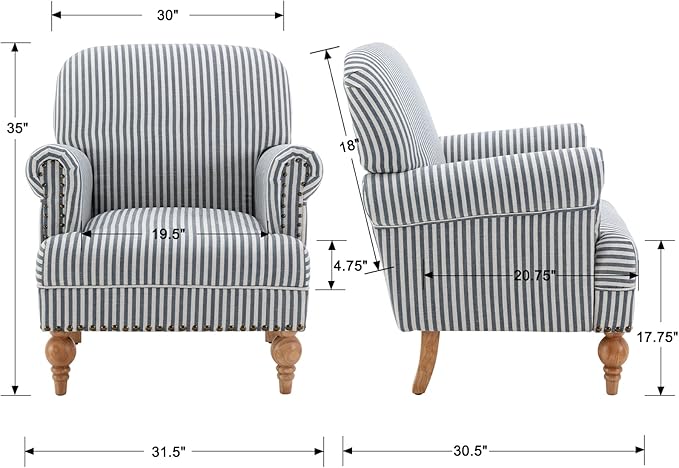 chairus Linen Accent Chair for Living Room Upholstered Mid Century Modern Single Sofa Chair with Solid Wood Legs Comfy Reading Chair Armchair for Bedroom/Office Room/Recption/Lounge, Blue Stripe