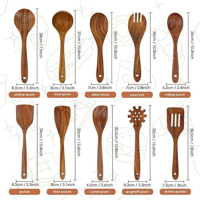 comfoyar Teak Wooden Spoons for Cooking, 10 Pieces Kitchen Cooking Utenails Set with Spatula and Ladle, Heat Resistant Kitchen Cookware for Nonstick Pan