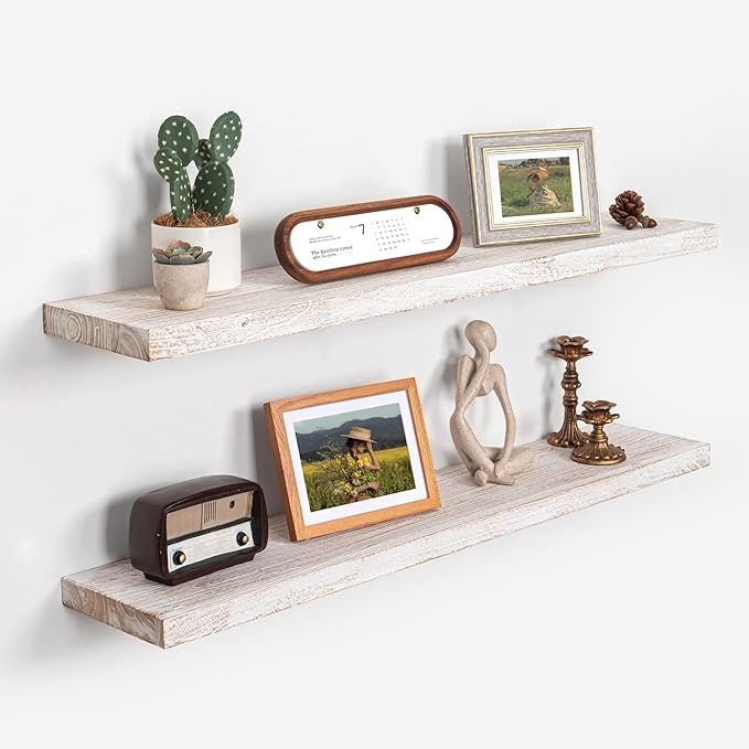 Axeman Floating Shelves for Wall - 40''W x 8'' D Rustic Solid Elm Wood Shelves for Storage, Wall Mounted Display Shelving with Invisible Heavy-Duty Metal Bracket (White Wash, 2PCs)