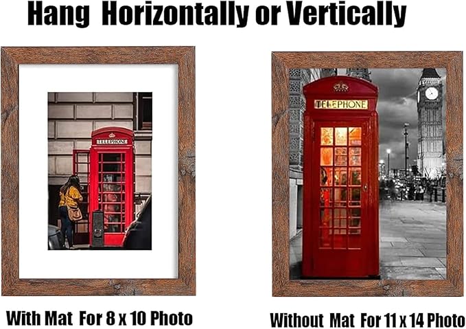 11x14 Picture Frame Set of 6, Display Pictures 8x10 with Mat or 11x14 Without Mat for Wall Mounting,Rustic Brown