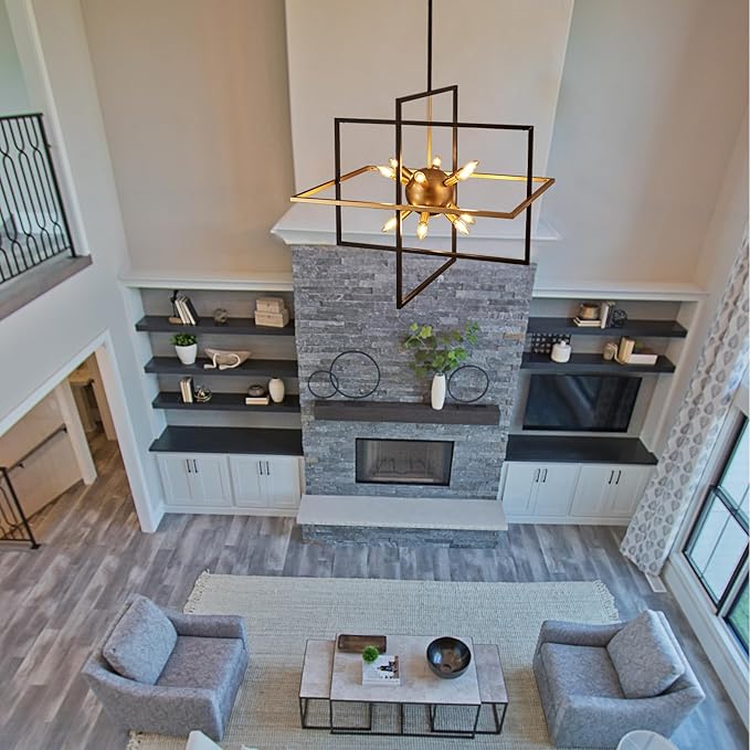 31.5'' Large Modern Lantern Chandeliers, 12-Light Black Gold Geometric Pendant Light Fixture, Industrial Hanging Chandelier for Entryway Foyer Hallway Dining Room, Kitchen Island