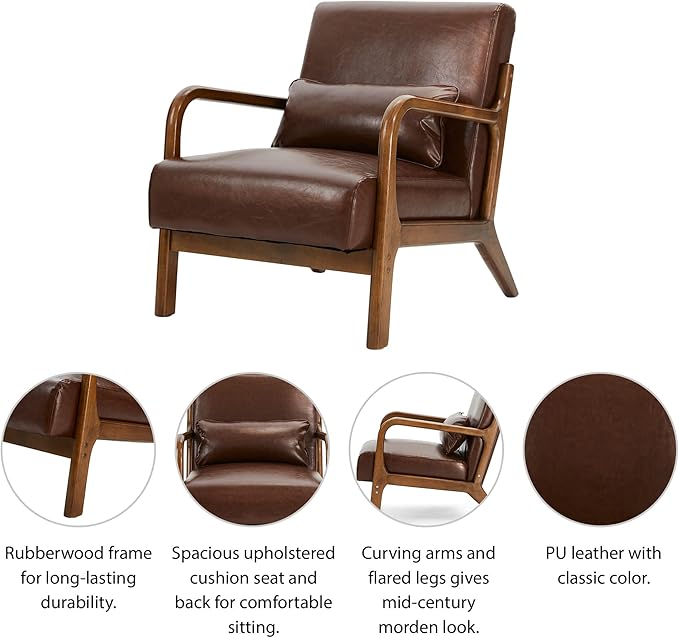 Glitzhome 2 Set Mid Century Coffee Accent Armchair, Single Reading Armchair PU Leather Lounge Chair with Walnut Ruberwood Frame