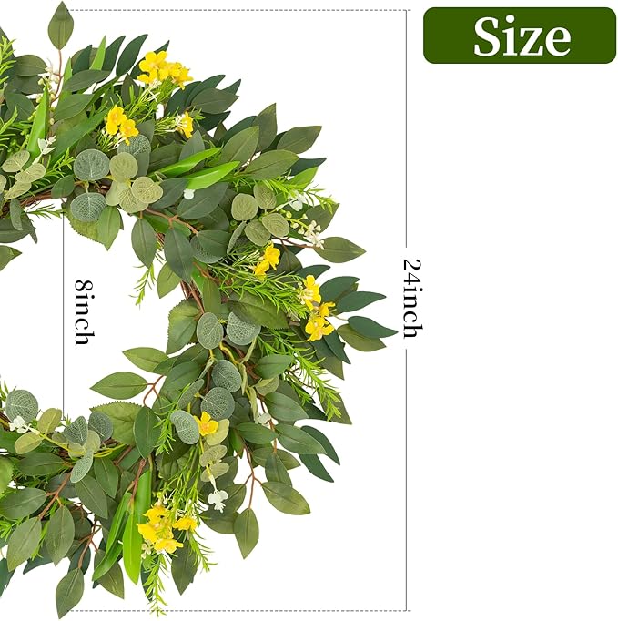 24 Inch Eucalyptus Greenery Wreaths for Front Door, Large Artificial Outdoor Spring Summer Wreath for Porch, Window, Farmhouse, Home Decor - All Seasons