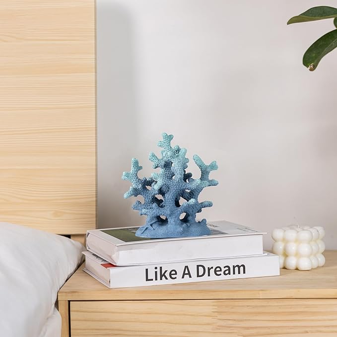 7.1" H Blue Coral Decor, Resin Coral Statue, Nautical Decorations for Home, Bedroom, Bathroom, Living Room, Beach/Coastal/Ocean Themed Cabinet Shelf Tabletop Decor