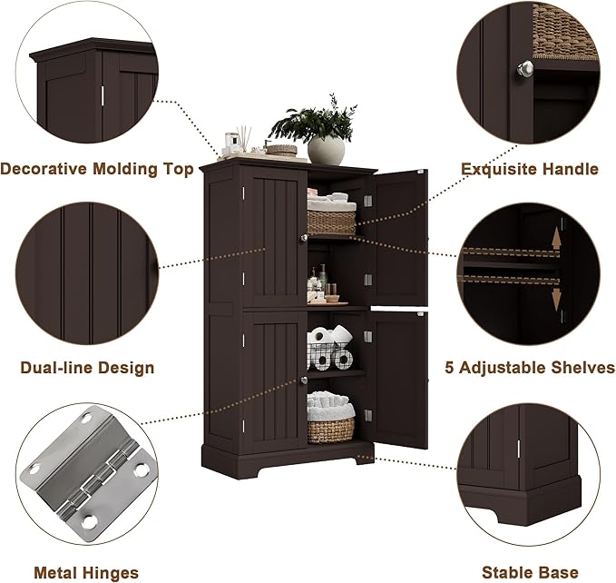 ChooChoo Bathroom Floor Cabinet, Modern Bathroom Storage Cabinet with 4 Doors and Adjustable Shelves, Freestanding Cupboard for Living Room, Espresso