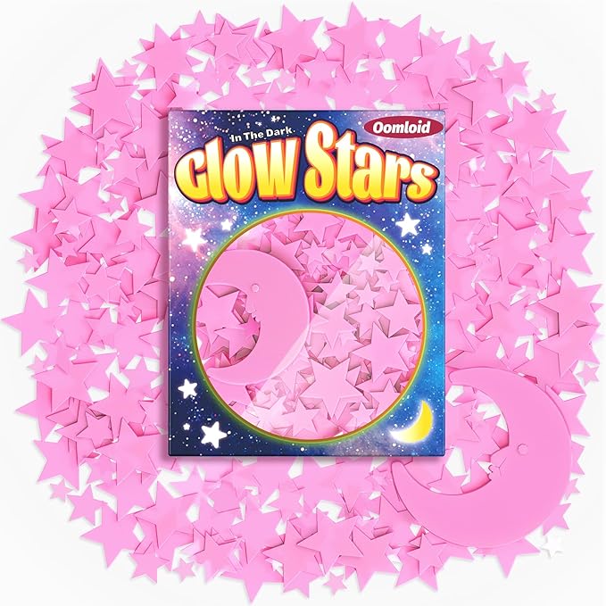 201 Pcs Glow in The Dark Stars Stickers for Ceiling, Pink Toddler Wall Room Decor Gifts, Luminous 3D Glowing Stars Stocking Stuffers for Kids Boys Girls