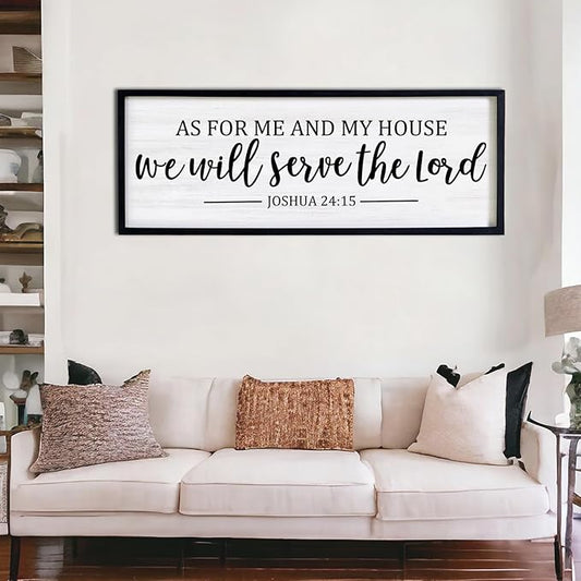 As For Me And My House We Will Serve The Lord Framed Wall Art, 40''×15'' Vintage Positive Religious Bible Verse for Christian God Jesus Christ Prayer, Rustic Long Holy Catholic Scripture Decor