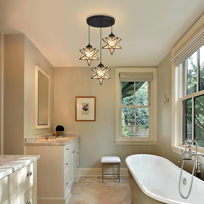 Farmhouse Glam Chandelier with Glass Star Pendants Light Fixture Elegant Ceiling Hanging Lights Included Warm Light Bulbs Black