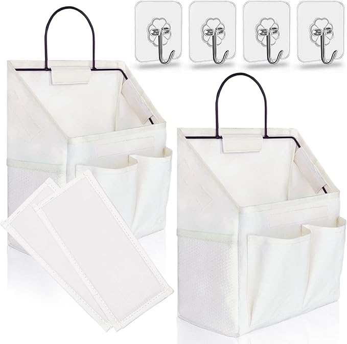 2pcs Small Wall Hanging Organizer Bag, Linen Fabric Door Hanging Storage Basket with Pockets, Waterproof Bin for Kitchen, Bedroom, Office, RV Camper (White)