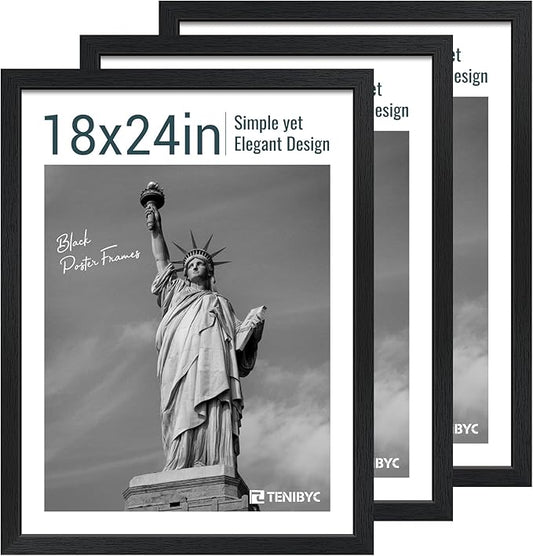 18x24 Poster Frame 3 Pack - Black Woodgrain, Solid Wood Gallery Picture Frame - Wall Hanging
