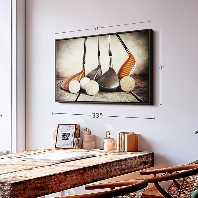 Elephant Stock Golf Sets Wall Art - Horizontal Framed Canvas - 1-Piece Mancave Wall Decor - Photography Sports Canvas Print - Yellow and Brown Decor for Wall - 31" X 21"