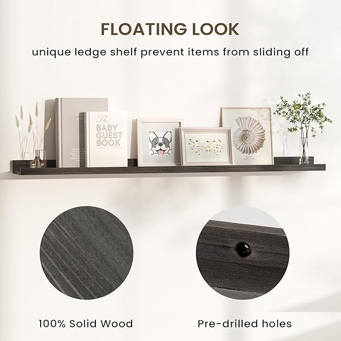 Floating Shelves for Wall, Picture Ledge Shelf 24 Inch Solid Wood Set of 2, Rustic Wall Shelves with Lip, Kids Bookshelf, Photo & Picture Live Edge Floating Shelves for Bedroom, Living Room, Kitchen
