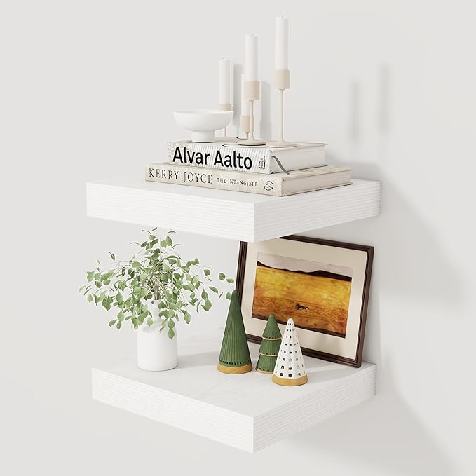 Fun Memories 12 Inch Floating Shelf, Rustic Wood Wall Shelves for Wall Decor & Storage, 12 x 12 Floating Shelf for Living Room, Bathroom, Bedroom, White, Set of 2