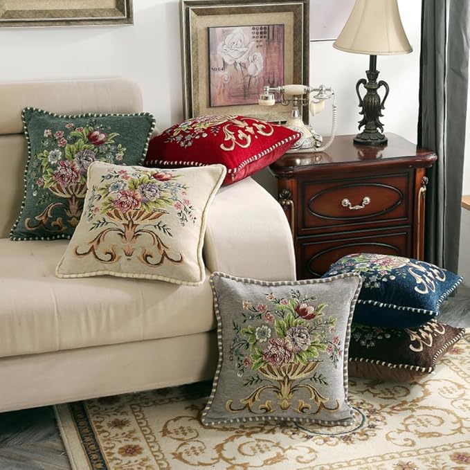 2 Pcs Grey Chenille Vintage Embroidered Throw Pillow Covers 18x18in,Grey Tassel Vintage Pattern Pillow Covers, Floral Embroidered Cushions Covers for Sofa Couch Bed Chairs Car