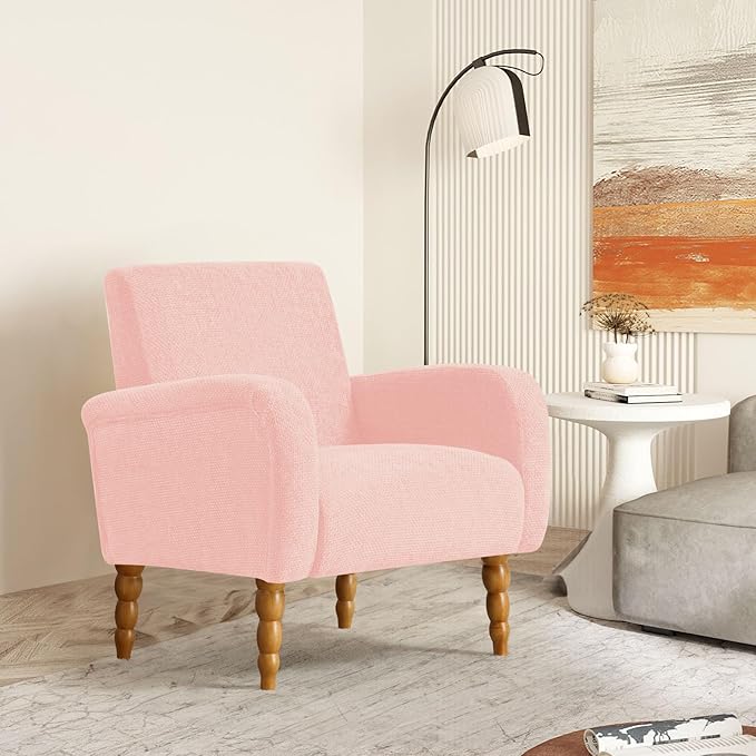 Chenille Fabric Accent Chair, Upholstered Armchair with Solid Wood Legs, Modern Living Room Accent Chair, Comfy Single Sofa Chair Reading Club Chair for Bedroom Reception Lounge, Pink