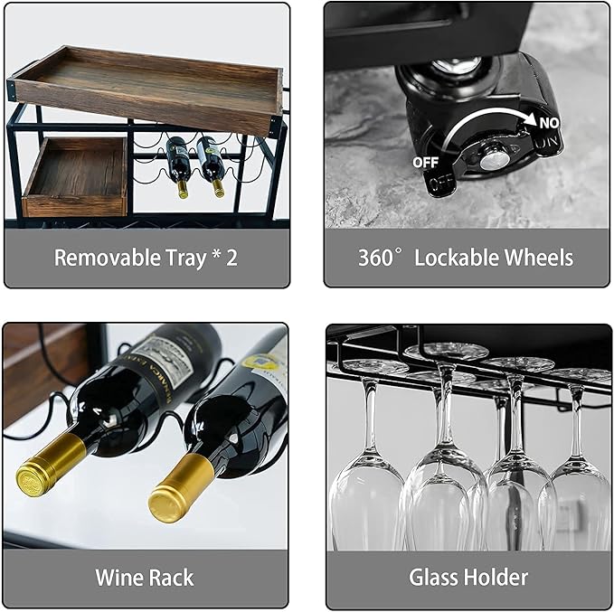 Bar Cart Industrial Kitchen Serving Carts for Home 3 Tier Storage Trolley with Wine Rack Glasses Holder Two Portable Trays Universal Casters with Brakes Rustic Rolling Cart Alcoholic Beverage