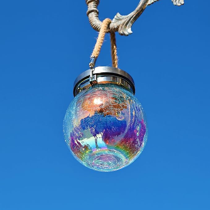 Cooo 6 Pack Solar Lantern Outdoor Waterproof Iridescent Crackle Glass with 215% Larger Solar Panel, Stainless Steel Lid – Rainbow Glass Hanging Light with Cool White LED for Garden Patio Table