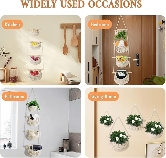 4 Tier Hanging Fruit Basket for Kitchen, Beige Boho Cotton Rope Crocheted Fruit Holder for Bathroom Bedroom, Detachable Wall Hanging Basket Shelves Over Door Organizer for Fruits Veggie Plant Decor