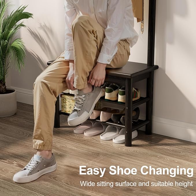 Coat Rack with Shoe Storage, Narrow Wooden Hall Tree with Bench, 11 Hooks and 2-Tier Storage Shelves, 3-in-1, Entryway Bench with Coat Rack (23.6"-Black)