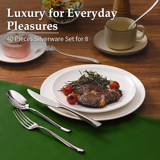 Aisoso 40-Piece High-End Silverware Set with Forks Spoons and Knives, Stainless Steel Serving Utensils for 8 with Mirror Finished Handle, Durability and Dishwasher Safe for Restaurant, Weddings