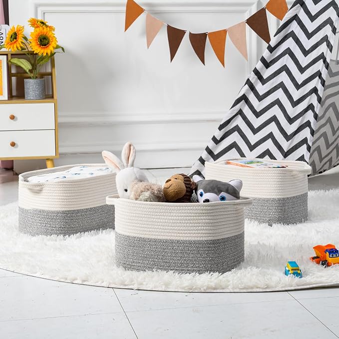 Cotton Rope Woven Storage Basket, Used for Baby Hamper Toy Organizer, Gift Baskets Empty,Kids Laundry Basket,Baby Blanket Basket. Size 15x10x8.7 Inches. (White&Grey-3PCS)