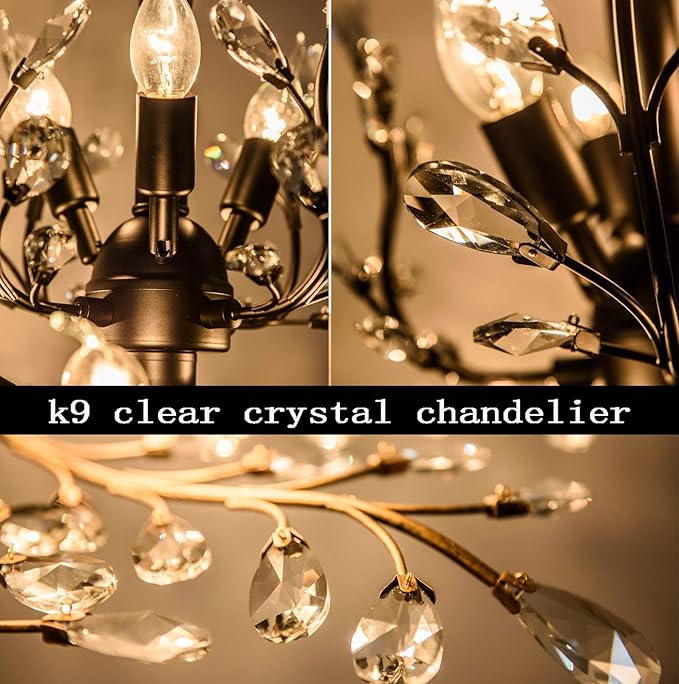Ganeed Vintage K9 Clear Crystal Chandeliers,Ceiling Lighting,Pendant Lighting Flush Mounted Fixture with 3 Light for Living Room Dinning Room Restaurant Porch Hallway (Black)