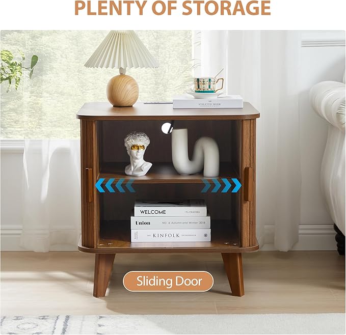 Farmhouse Square End Table with Charging Station, 24" Large Fluted Sofa Side Table with Sliding Tambour Door and Storage, Rustic Curved Wood Nightstand for Living Room, Bedroom, Walnut