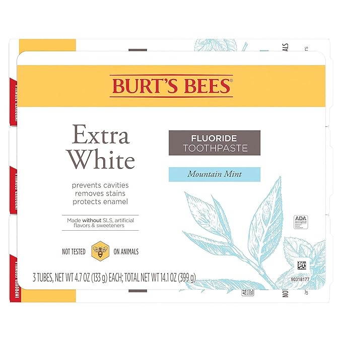 Burt's Bees Extra White Toothpaste, Fluoride Toothpaste, Natural Flavor, Mountain Mint, 4.7 oz, Pack of 3