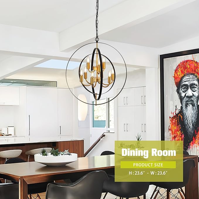 9-Light Globe Rustic Metal Chandelier, 23.6" Black Gold Adjustable Hanging Ceiling Pendant Light Fixture for Entryway Foyer Stairway Bedroom Dining Living Room Hallway