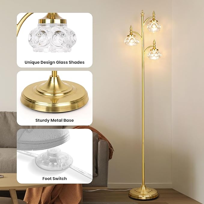 Gold Floor Lamp, Dimmable Tree Floor Lamps for Living Room Brass Tall Standing Lamp with 3 Rotatable Lights Glass Shade 66.5'' Modern Corner Lamp for Bedroom Office(3LED Bulbs Included)