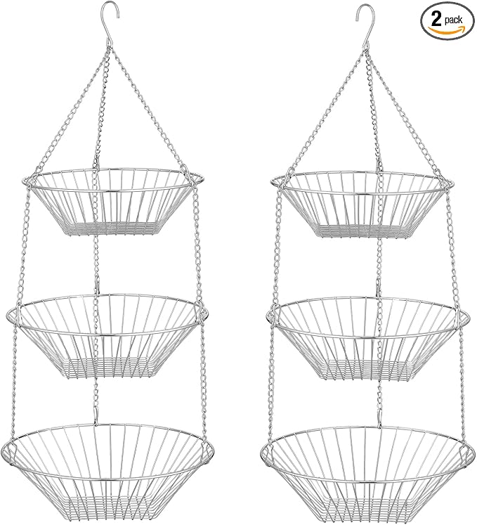 3-Tier Wire Fruit Hanging Basket 2 Packs, non-Punching Wall Hanging Storage, Kitchen Bathroom Organization Basket, Suitable for Bathroom, Kitchen, Closet, Garden, Chrome