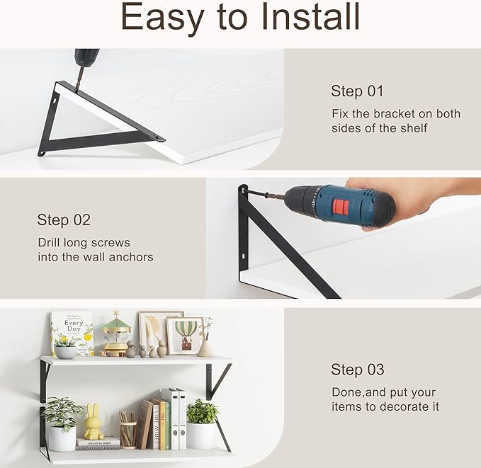 36"W x 10"D Floating Shelves, 10 Inch Deep White Floating Shelves, Farmhouse Rustic Deep Wall Shelves for Home Decor, Wide Large Floating Shelf for Bathroom, Living Room, Kitchen, Study Room