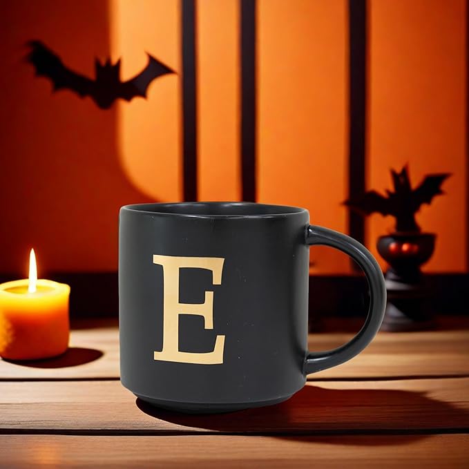 COLLECTIVE HOME - Monogram Ceramic Mugs, 15 oz Golden Initial Black Coffee Cups, Elegant Alphabet Tea Mugs, Elegant Personalized Mug with Gift Box, Unique Mug with Double Side Capital Lette (E)