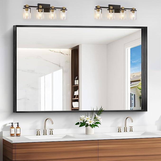 Black Bathroom Mirror, 36x55 Inch Rectangular Deep Frame Mirror, Large Wall Mounted Bathroom Vanity Mirror Over Sink for Bedroom,Restroom, Living Room, Hangs Vertically or Horizontally