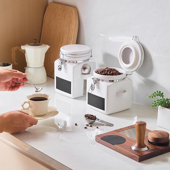 Ceramic Coffee Canister with Airtight Lid and Scoop, Large 78 Fl Oz / 2.3 L Kitchen Food Storage Container Jar for Grounds Coffee, Beans, Tea, Sugar, Flour, Cereal, Nuts, Cookie, White