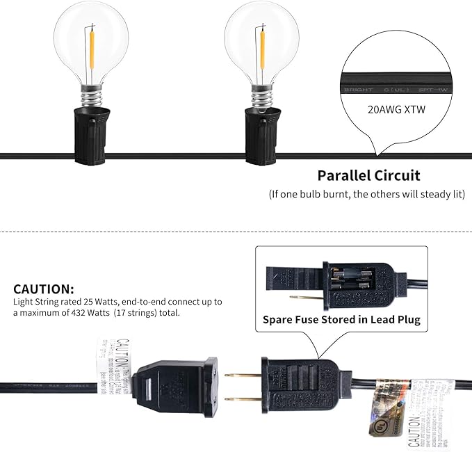 Brightown LED String Lights Outdoor 25Feet G40 Patio Lights with 25 Shatterproof Bulbs, Waterproof Globe Hanging Lights for Backyard Porch Bistro Balcony Decor, E12 Socket