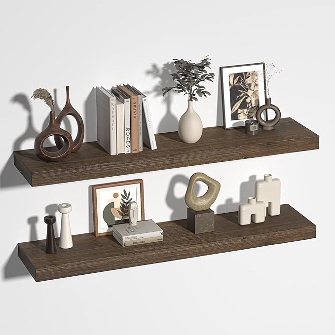 Floating Shelves for Wall, USA-Sourced Fir Wood 36 Inch Wall Shelves Set of 2, Natural Rustic Solid Wooden Floating Shelves Wall Mounted, Nursery Book Storage Shelf, Display Shelf for Bathroom