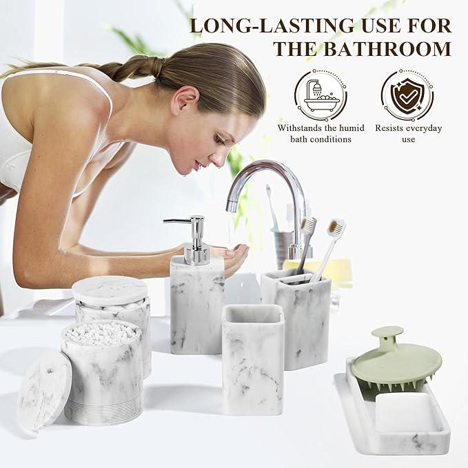 Bathroom Accessories Set, 6 Piece Bathroom Set with Toothbrush Holders, Soap Dispenser, Vanity Tray, Tumbler, Cotton Swab Jars, Bathroom Organizer，Bathroom Sink Sets, Artificial Marble White