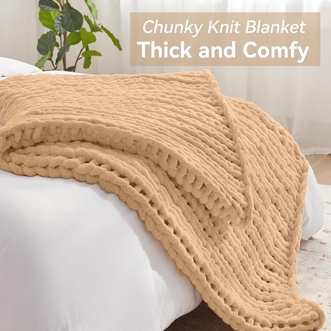 Chunky Knit Throw Blanket, 50''*60'' Knitted Throw Chenille Yarn for Bed Couch, Handmade Beige Crochet Big Thick Blanket, Machine Washable Cute Comfy Blanket for Home Decor