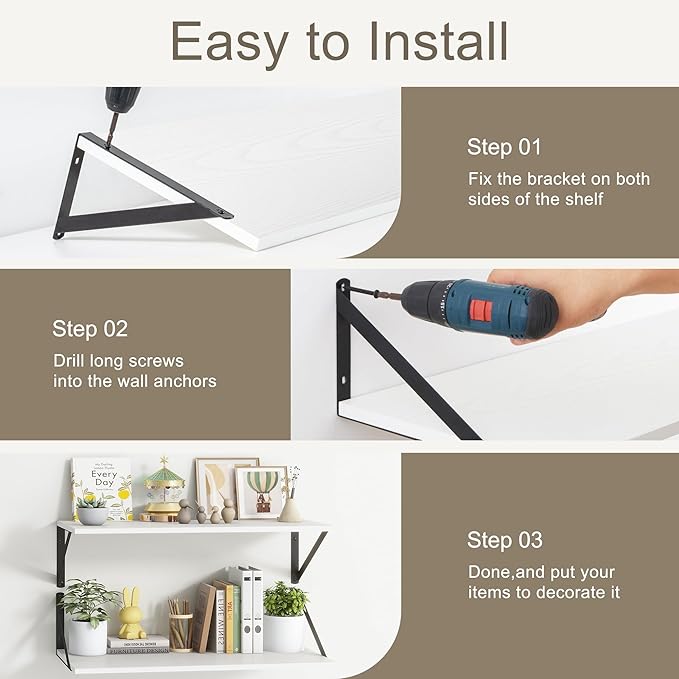 Fun Memories Floating Shelves Set of 2, 16" W x 12" D, White Ledges for Bedroom, Bathroom, 12" Deep Bookshelf Wall Mounted