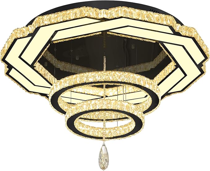 Flashing God Dia 32" Modern Crystal Chandelier Crystal Black Ceiling Light Fixtures LED Flush Mount Ceiling Light for Living Room Bedrooms Dining Room Dimmable 2700k- 6000k
