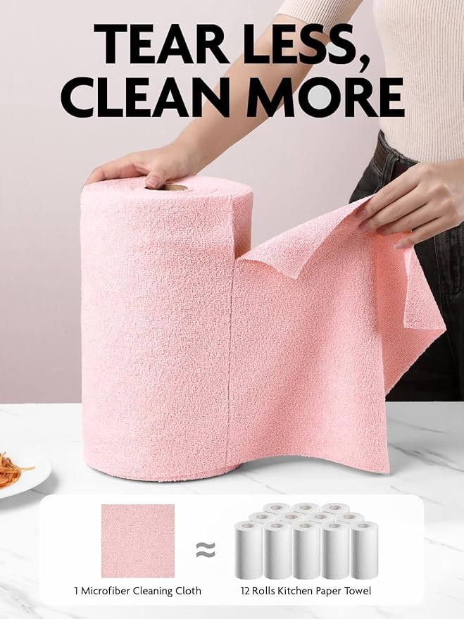 Fantasticlean Microfiber Cleaning Cloth Roll -150 Sheets, Tear Away Microfiber Towels, 12" x 12", Reusable Washable, Ultra Absorbent Dish Rags for Car, Home, Garage or Shop (2 Rolls of Pink)