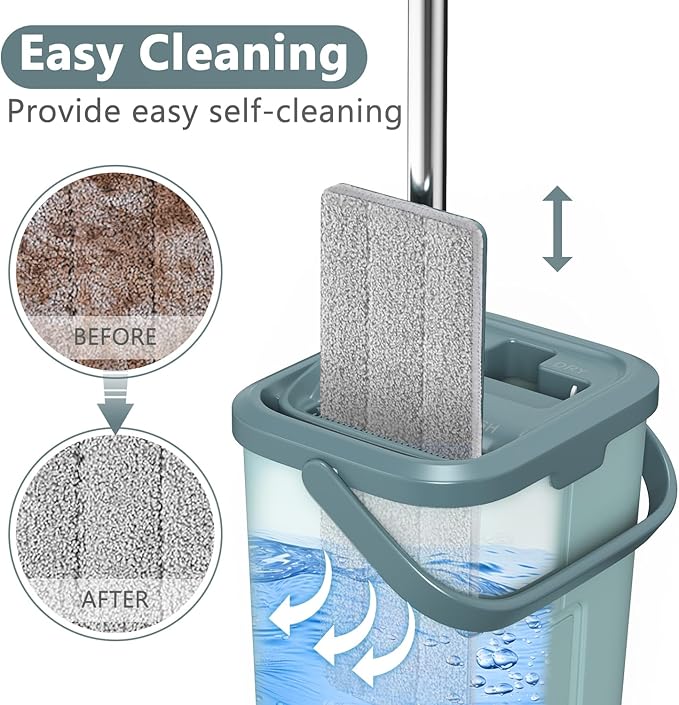 Aifacay Mop and Bucket with Wringer Set, Flat Wall Mop and Bucket Set with 4 Reusable Microfiber Pads, Hand Wash Free Floor Cleaning System Wet and Dry Use for Hardwood Tile Window Corner Baseboard