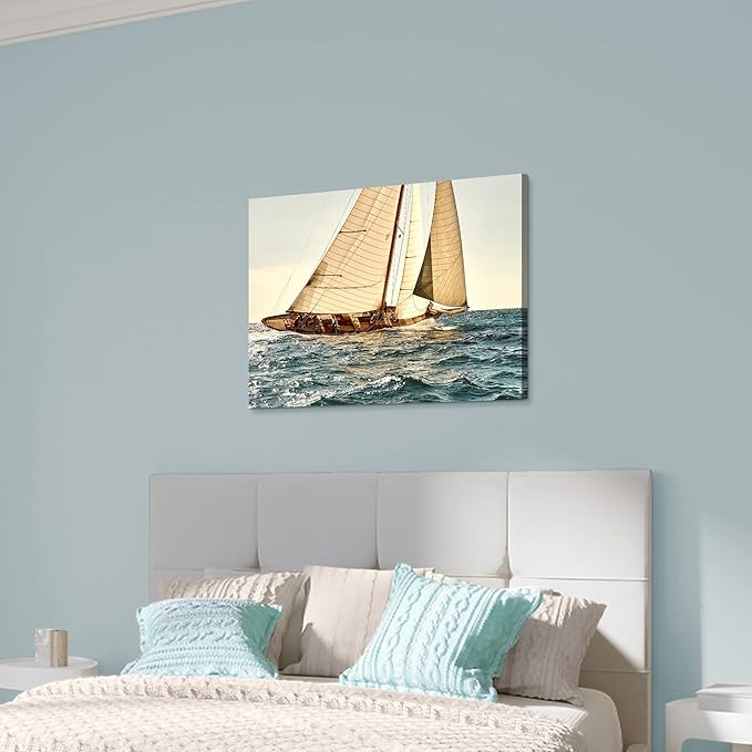 ARTISTIC PATH Coastal Nautical Canvas Wall Art - Ocean Sailboat Artwork Seascape Sailing Prints Wave Boat Picture Sunset Marine Painting for Living Room