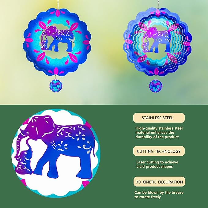 12 inch Elephant 3D Stainless Steel Wind Spinners, Hanging Garden Spinner Kinetic Art Garden Decorations, Reflective Wind Sculpture for Indoor/Outdoor Decor